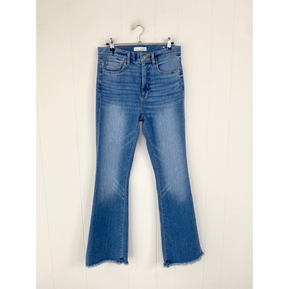 LOFT Womens sz‎ 6/28 The Slim Flare Jean Medium Wash Raw Fringe Hem Blue Denim